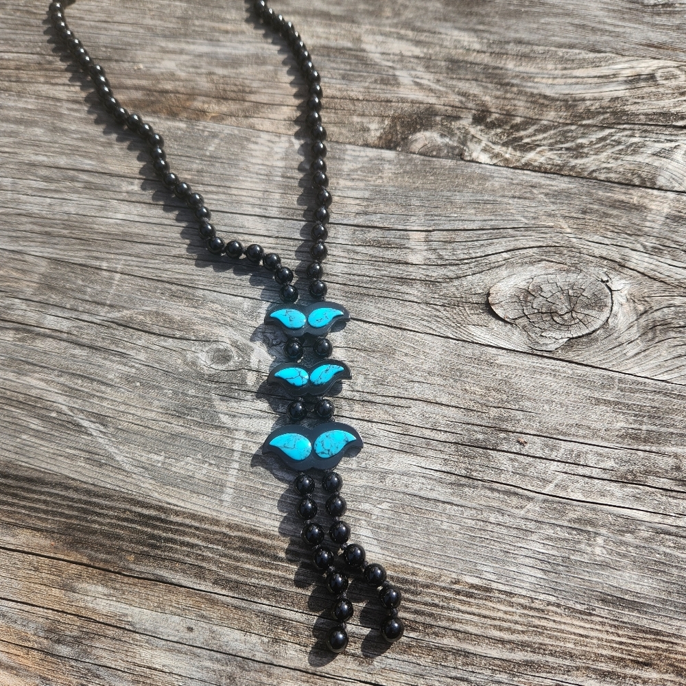Black and Blue Beaded Necklace with Turquoise Centerpiece